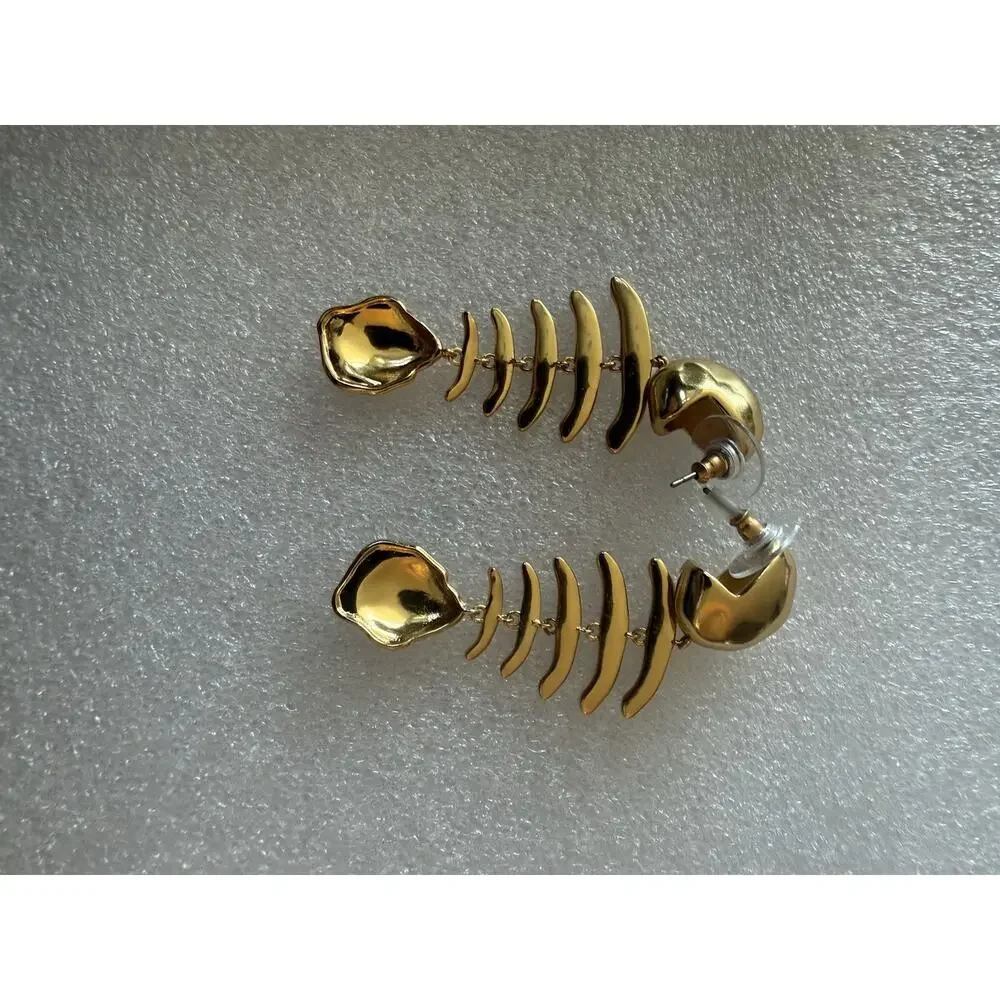 NEW J Crew Gold Fishbone Nautical Fish Dangle Earrings